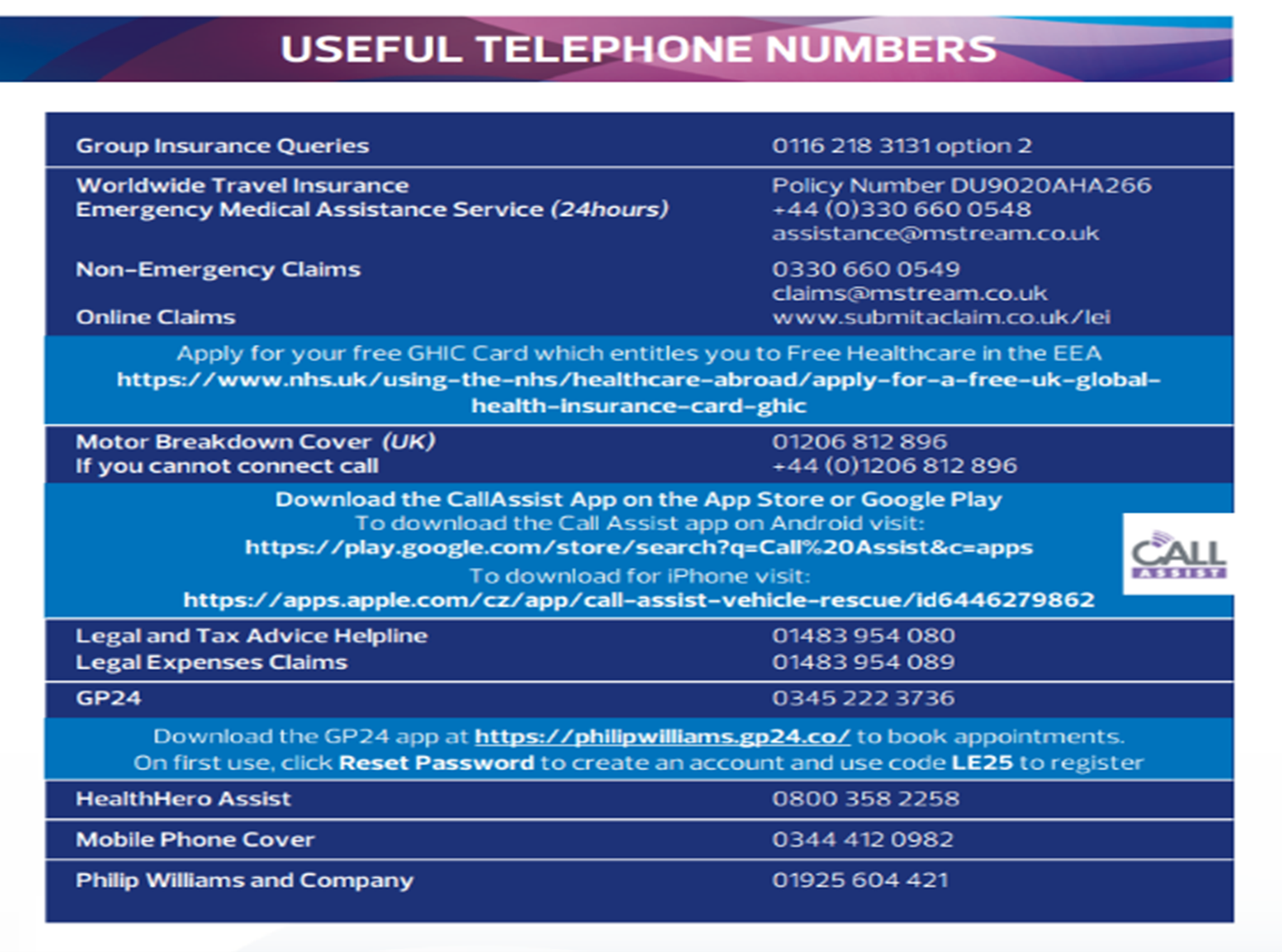 Group Insurance - Useful Contact Numbers