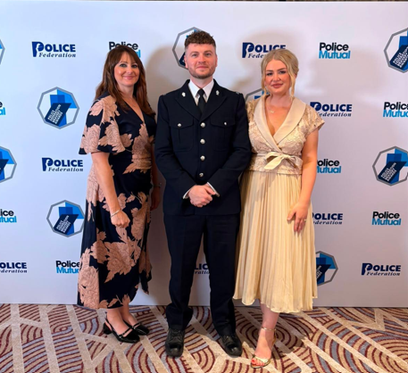 Jess Davies, Federation chair, with Mitchell Bull and his wife Jessica at the national Police Bravery Awards.